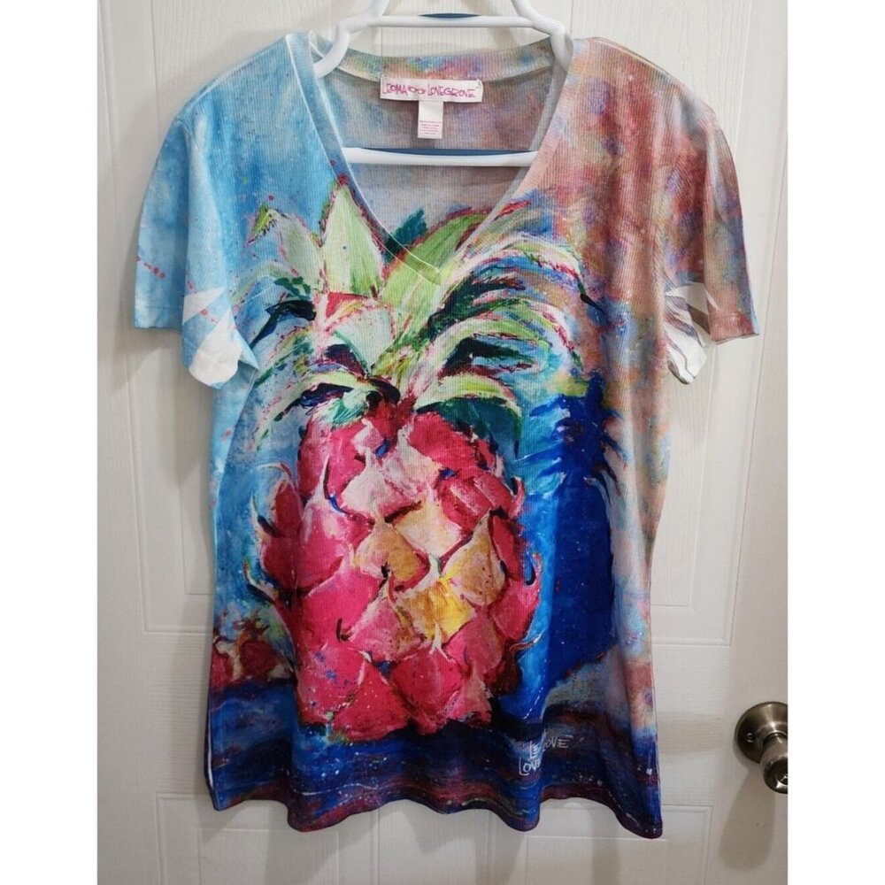 LEOMA LOVEGROVE Women's Short Sleeve V Neck Ribbed Shirt Colorful Pineapple Sz L